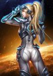  1girl arm_guards armor ass blonde_hair bodysuit breasts from_behind goggles goggles_on_head gun highres hip_armor holding holding_gun holding_weapon liang_xing lips long_hair medium_breasts nova_(starcraft) ponytail shoulder_armor signature skin_tight solo starcraft watermark weapon web_address 