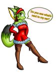  3:4 absolute_territory anthro armwear breasts carol_tea christmas clothed clothing dialogue dress elbow_gloves english_text felid feline felis female freedom_planet fur gerald_serault gloves green_body green_eyes green_fur handwear hi_res holidays holly_(plant) legwear mammal plant solo stockings text thigh_highs video_games wildcat 