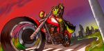 anthro boots carol_tea clothed clothing dipstick_tail felid feline felis female footwear freedom_planet fur green_body green_fur mammal motorcycle multicolored_tail outside ses_loera_lopez solo sunset vehicle video_games wildcat 