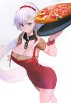  1girl absurdres azur_lane bangs beige_shirt belfast_(azur_lane) belfast_(piping-hot_perfection)_(azur_lane) blue_eyes braid breasts cleavage cowboy_shot dress food hair_ornament hairclip highres holding holding_food holding_pizza hood_(james_x) large_breasts long_hair low_neckline pepperoni pizza ponytail red_dress short_sleeves simple_background smile solo steam very_long_hair white_background white_hair 