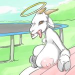  1:1 2014 anthro anthrofied areola big_areola big_breasts bovid breast_squish breasts caprine digital_drawing_(artwork) digital_media_(artwork) ein457 female goat grass halo horn huge_breasts humanoid looking_at_viewer mammal monotone_body nipples outside pilgor_(goat_simulator) pink_nipples plant solo squish tongue tongue_out trampoline wood 