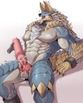 &lt;3 abs anthro arms_tied biceps blue_body bodily_fluids body_hair bound capcom chest_hair claws cum disiwjd ejaculation fanged_wyvern genital_fluids ghost_hands hi_res horn legs_tied male monster_hunter muscular muscular_anthro muscular_male pecs penetrable_sex_toy scalie sex_toy solo spikes sweat vein video_games zinogre 