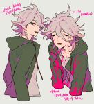  :d absurdres ahoge arm_at_side bangs blood bloody_clothes closed_eyes collarbone commentary_request danganronpa_(series) danganronpa_2:_goodbye_despair english_text green_eyes green_jacket grey_background grey_hair grey_shirt hair_between_eyes highres hood hood_down jacket komaeda_nagito leaning_forward looking_at_viewer male_focus medium_hair messy_hair multiple_views open_mouth pink_blood shirt simple_background sin11111 smile translation_request upper_body 