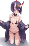  1girl absurdres bangs bikini black_bikini bob_cut breasts eyeliner fate/grand_order fate_(series) grin headpiece highres horns jacket kneeling looking_at_viewer makeup mx2j_(nsh6394) navel off_shoulder oni oni_horns open_clothes open_jacket purple_eyes purple_hair purple_jacket short_hair shuten_douji_(fate/grand_order) skin-covered_horns small_breasts smile swimsuit thighs 