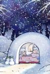  2girls :3 animal_ear_fluff animal_ears candle closed_eyes commentary fox_ears fox_girl igloo kotatsu leaf leaf_on_head lee_(colt) multiple_girls original outdoors smile snow snow_shelter snowing snowman table tree white_hair 