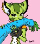  ambiguous_gender anthro bite breasts carol_tea claws clothing duo felid feline felis female fingerless_gloves freedom_planet fur gloves green_body green_eyes green_fur handwear hi_res mammal midriff navel pink_background ses_loera_lopez simple_background teeth video_games wildcat 