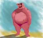  2019 anthro belly clothing domestic_pig facial_hair male mammal moobs mustache nipples overweight overweight_male solo suid suina sus_(pig) swimwear themorghull 