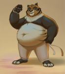  2020 anthro belly black_body black_fur bottomwear clothing dreamworks fan_character felid fur giant_panda hi_res hybrid kung_fu_panda male mammal navel overweight overweight_male pantherine pants simple_background solo themorghull tiger ursid white_body white_fur 