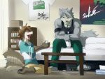  2007 4:3 anthro bed bottomwear brown_body brown_fur canid canine canis clothing detailed_background domestic_dog duo eyes_closed fur furniture grey_body grey_fur hoodie husky inside kemono kouya_(morenatsu) male mammal morenatsu nordic_sled_dog pants pillow shirt shun_(morenatsu) spitz topwear unknown_artist video_games visual_novel wolf 