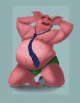  2020 anthro belly clothing domestic_pig hi_res male mammal moobs necktie nipples overweight overweight_male simple_background solo suid suina sus_(pig) themorghull underwear 