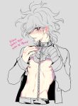  1boy bangs blush chain collar commentary_request cropped_torso danganronpa_(series) danganronpa_another_episode:_ultra_despair_girls gloves grey_background grey_eyes grey_hair grey_jacket hair_over_one_eye highres jacket komaeda_nagito lifted_by_self looking_at_viewer male_focus messy_hair metal_collar navel nipple_piercing nipples official_alternate_costume open_clothes open_jacket open_mouth pale_skin pants piercing shirt_lift simple_background sin11111 single_glove smile solo translation_request 