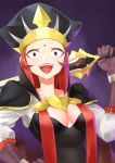  1girl absurdres arm_up armor breasts cleavage daniela_(fire_emblem) fire_emblem fire_emblem_fates hand_on_hip highres holding holding_weapon igni_tion large_breasts lipstick looking_at_viewer makeup open_mouth purple_eyes purple_lipstick red_hair shoulder_armor siegfried_(sword) sword teeth upper_body weapon 