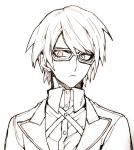  1boy absurdres bangs closed_mouth collared_shirt commentary_request danganronpa:_trigger_happy_havoc danganronpa_(series) dress_shirt frown glasses greyscale high_collar highres jacket looking_at_viewer male_focus monochrome portrait shirt short_hair simple_background sin11111 sketch solo togami_byakuya upper_body white_background 