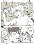  2boys bangs biting blush collarbone commentary_request danganronpa_(series) danganronpa_2:_goodbye_despair finger_in_another&#039;s_mouth greyscale highres hinata_hajime implied_sex komaeda_nagito leg_up looking_down lying male_focus messy_hair monochrome multiple_boys on_back open_mouth sheet_grab short_hair sin11111 speech_bubble tears translation_request yaoi 