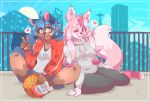  &lt;3 2020 5_fingers anthro ball basketball_(ball) biped blue_clothing blue_hair bottomwear brand_new_animal breasts brown_body brown_fur canid canine claws cleavage clothed clothing detailed_background digital_media_(artwork) duo female fingers footwear fox fur gesture hair hi_res hoodie humanoid_hands jacket long_hair looking_at_viewer mammal michiru_kagemori nazuna_hiwatashi one_eye_closed open_mouth outside pawpads pink_body pink_fur pink_hair pink_tail raccoon_dog railing red_clothing shirt shoes shorts sitting sneakers studio_trigger sun t-shirt tanuki tongue tongue_out topwear toxikaiju v_sign white_clothing wink 