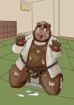  2007 anthro balls bodily_fluids brown_body brown_fur cum cum_on_face cum_on_ground cum_on_stomach fur genital_fluids genitals humanoid_hands inside kemono male mammal overweight overweight_male penis small_penis unknown_artist ursid 