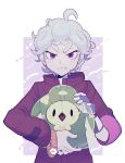  1boy ahoge bangs bede_(pokemon) closed_mouth coat commentary_request curly_hair duosion dynamax_band gen_5_pokemon highres holding holding_pokemon looking_at_viewer male_focus pokemon pokemon_(creature) pokemon_(game) pokemon_swsh purple_coat purple_eyes short_hair smile star_(symbol) thxzmgn watch wristwatch 