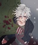  1boy bangs black_jacket collarbone commentary_request danganronpa_(series) danganronpa_another_episode:_ultra_despair_girls gloves gradient gradient_background green_jacket green_shirt grey_background grey_hair hair_between_eyes holding holding_clothes holding_jacket jacket jacket_removed komaeda_nagito long_sleeves looking_at_viewer male_focus medium_hair messy_hair red_shirt shirt signature sin11111 single_glove smile solo striped striped_gloves striped_shirt upper_body 