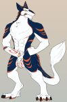  anthro ball_tuft balls_tattoo black_claws blue_body blue_fur claws crotch_tuft fluffy fluffy_tail foreskin fur genital_runes genitals hi_res humanoid_genitalia humanoid_penis juniorjosi kazuhiro_yasei male markings muscular muscular_anthro muscular_male neck_tuft orange_body orange_fur orange_markings penis penis_tattoo pose pubes runes sergal simple_background solo tattoo tongue tongue_out tuft uncut white_body white_fur 