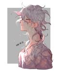  1boy absurdres bangs closed_eyes collarbone commentary_request cropped_shoulders danganronpa_(series) danganronpa_2:_goodbye_despair dated facing_up from_side grey_background grey_hair grey_shirt hair_between_eyes highres komaeda_nagito long_neck male_focus medium_hair messy_hair profile shirt sin11111 solo upper_body wet wet_clothes wet_hair wet_shirt white_background 