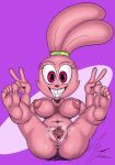  2021 aerola anthro anus big_breasts big_butt bodily_fluids breasts butt cartoon_network chowder_(series) feet felid female fur g4rron gaping gaping_pussy genital_fluids genitals gesture grin lagomorph leporid looking_at_viewer mammal nipples panini_(chowder) pink_background pink_body pink_eyes pink_fur presenting presenting_hindquarters pussy pussy_juice rabbit signature simple_background sitting smile solo spread_legs spreading sweat teeth thick_thighs v_sign wide_hips 