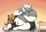  2021 anthro belly bottomwear canid canine clothing duo eating fox fur hi_res hoodie humanoid_hands kemono male mammal overweight overweight_male polar_bear shirt shorts sitting topwear ursid ursine white_body white_fur yanununununu 