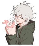  1boy 1other bangs blush collarbone commentary_request danganronpa_(series) danganronpa_2:_goodbye_despair flag from_side green_jacket grey_background grey_eyes grey_hair grey_shirt hair_between_eyes hands_up holding holding_flag hood hood_down hooded_jacket jacket komaeda_nagito long_sleeves looking_at_viewer male_focus messy_hair open_clothes open_jacket open_mouth shirt simple_background sin11111 smile solo_focus tears upper_body upper_teeth 