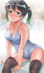  1girl bangs bare_arms bare_shoulders black_hair black_legwear blush breasts cleavage closed_mouth collarbone competition_school_swimsuit contrapposto covered_navel embarrassed eyelashes gonta_(gshoutai) gradient_hair green_eyes green_hair groin highres looking_at_breasts love_live! love_live!_nijigasaki_high_school_idol_club medium_breasts multicolored_hair nervous_smile one-piece_swimsuit poolside school_swimsuit short_hair sitting skindentation solo spaghetti_strap swimsuit takasaki_yuu thighhighs twintails two-tone_hair white_swimsuit wide_hips 