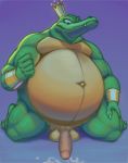  2020 anthro balls belly bodily_fluids crown cum cum_on_ground donkey_kong_(series) erection genital_fluids genitals green_body hi_res humanoid_hands king_k._rool kremling male navel nintendo overweight overweight_male penis scalie simple_background solo themorghull video_games 
