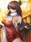  1girl bare_shoulders beidou_(genshin_impact) black_gloves blurry blurry_background breasts brown_hair chinese_clothes cleavage closed_mouth dress earrings elbow_gloves english_commentary eyepatch genshin_impact gloves hair_ornament hair_over_one_eye hair_stick hairpin highres holding_hand jewelry large_breasts long_hair one_eye_covered red_dress red_eyepatch side_slit the_kingduke thighs 