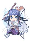  1girl ainu ainu_clothes animal animal_on_head asirpa black_hair black_pants blue_bandana blue_eyes blush boots bow_(weapon) cape chibi commentary ear_piercing earrings full_body fur_cape golden_kamuy hoop_earrings inputanimeoutput jewelry long_hair long_sleeves looking_at_viewer lowres on_head open_mouth pants piercing running sample sheath solo sparkle squirrel transparent_background weapon white_cape white_footwear wide_sleeves 