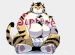 2021 anthro belly bulge clothing felid hi_res kemono male mammal overweight overweight_anthro overweight_male pantherine pubes simple_background sitting solo tiger underwear uokkom 
