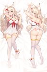  1girl animal_ear_fluff animal_ears bare_arms bare_back bare_shoulders bed bell blonde_hair blue_eyes bow breasts cat_ears cat_girl choker dakimakura_(medium) dress eyebrows_visible_through_hair feet full_body hair_bow highres large_breasts long_hair looking_at_viewer lying no_shoes original panties red_bow shoes skirt sramy thighhighs underwear white_dress white_legwear white_panties white_skirt 