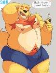  &lt;3 2021 anthro belly black_nose blush bottomwear brown_body brown_fur bulge canid canine canis clothing domestic_dog english_text fur hi_res male mammal moobs nipples overweight overweight_male shorts solo text vitashi 