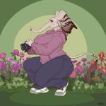  1:1 absurd_res anthro big_ears bottomwear camera clothing elephant elephantid female flower footwear grass greasymojo hi_res mammal outside plant proboscidean shirt shoes sneakers solo striped_tail stripes tail_tuft thick_thighs topwear trunk tuft 