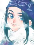  1girl ainu ainu_clothes asirpa bandana black_hair blue_bandana blue_eyes blush breath cape closed_mouth commentary_request eyebrows eyebrows_visible_through_hair fur_cape golden_kamuy hituji_yerm lips long_hair looking_at_viewer simple_background smile solo upper_body white_background white_cape 