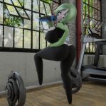  3d_(artwork) absurd_res big_breasts big_butt bra breasts butt clothing digital_media_(artwork) female gardevoir green_hair gym hair hi_res huge_filesize humanoid mature_female nintendo pok&eacute;mon pok&eacute;mon_(species) solo sports_bra tradelt underwear video_games weights 