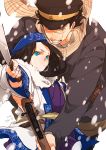  1boy 1girl absurdres ainu ainu_clothes arisaka asirpa bandana black_coat black_hair black_headwear blue_bandana blue_eyes bolt_action brown_eyes brown_scarf cape closed_mouth coat commentary_request dated ear_piercing earrings fur_cape golden_kamuy gun hat highres holding holding_gun holding_knife holding_weapon hoop_earrings ikuya225 imperial_japanese_army jewelry kepi knife long_hair long_sleeves looking_at_viewer military military_hat military_uniform parted_lips piercing pouch rifle scar scar_on_cheek scar_on_face scar_on_mouth scar_on_nose scarf short_hair signature simple_background smile spiked_hair star_(symbol) sugimoto_saichi teeth two-tone_headwear uniform upper_body weapon white_background white_cape yellow_headwear 