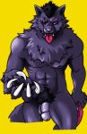  2008 anthro balls barazoku canid canine canis claws flaccid genitals humanoid_hands kemono male mammal muscular muscular_male nipples penis scar simple_background solo tongue tongue_out unknown_artist were werecanid werecanine werewolf wolf yellow_background 