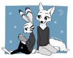  anthro arctic_fox barefoot blue_background book border canid canine clothed clothing disney duo fox fully_clothed hi_res holding_book holding_object jack_savage lagomorph leporid mammal mochicco open_mouth rabbit reading simple_background sitting skye_(zootopia) white_border zootopia 