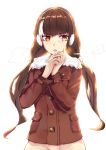  1girl alternate_hairstyle artist_name black_hair blush coat commentary_request cowboy_shot earmuffs fur-trimmed_coat fur_trim girls_frontline hair_ornament hands_on_own_face hands_together heterochromia highres long_sleeves looking_away mou_zhi_pingguo multicolored_hair no_pants open_mouth orange_eyes pov red_coat ro635_(girls_frontline) scrunchie signature simple_background solo streaked_hair teeth twintails white_background white_hair yellow_eyes 