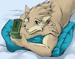  2008 anthro bed blush brown_body brown_fur canid canine canis domestic_dog fur furniture humanoid_hands lying male mammal phone pillow solo suruga 