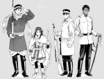  1girl 3boys adjusting_clothes adjusting_headwear ainu ainu_clothes arisaka arm_up asirpa bandana bangs belt black_belt black_eyes black_footwear black_hair black_pants bolt_action boots bow_(weapon) buttons cape closed_mouth coat collared_jacket commentary_request dark_skin dark_skinned_male ear_piercing earrings facial_hair full_body fur_cape golden_kamuy grey_background greyscale gun hat height_difference holding holding_bow_(weapon) holding_gun holding_sword holding_weapon hooded_coat hoop_earrings imperial_japanese_army jacket jewelry kepi koito_otonoshin long_hair long_sleeves looking_at_viewer military military_hat military_uniform monochrome multiple_boys pants parted_bangs parted_lips piercing pocket pouch rifle scar scar_on_cheek scar_on_face scar_on_nose scarf sheath sheathed short_hair simple_background smile standing star_(symbol) stubble sugimoto_saichi sword tr_(lauralauraluara) translation_request tsukishima_hajime uniform weapon white_cape white_coat white_footwear white_jacket 