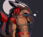  2008 anthro barazoku bodily_fluids brown_body dragon genital_fluids humanoid_hands japanese_text kemono male muscular muscular_male precum precum_string simple_background solo text unknown_artist 