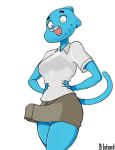  2020 anthro b-intend balls blue_body blue_fur bottomwear breasts cartoon_network clothed clothing crossgender digital_media_(artwork) domestic_cat erection erection_under_clothing felid feline felis ftg_crossgender fti_crossgender fur genitals gynomorph hands_on_hips hi_res intersex mammal nicole_watterson open_mouth pleated_skirt shirt simple_background skirt solo the_amazing_world_of_gumball topwear white_background 
