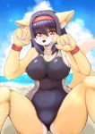  2020 5_fingers accessory agura_(pixiv) anthro armband beach big_breasts blush breasts brown_nose canid canine claws clothing cloud curvy_figure day detailed_background dipstick_tail eyebrow_through_hair eyebrows fangs female fingers fox fur glistening glistening_hair hair hair_accessory hairband inner_ear_fluff kemono mammal multicolored_tail nipple_outline one-piece_swimsuit open_mouth outside pawpads purple_hair red_eyes sea seaside sitting sky solo spread_legs spreading swimwear tan_body tan_fur teeth tongue translucent translucent_hair tuft voluptuous water white_body white_fur 