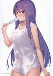  1girl blush breasts collarbone covered_nipples cowboy_shot eyebrows_visible_through_hair food hair_between_eyes highres hinanawi_tenshi ibuki_notsu long_hair looking_at_viewer naked_shirt popsicle purple_hair red_eyes scan shiny shiny_skin shirt simple_background sleeveless sleeveless_shirt small_breasts solo standing straight_hair sweatdrop touhou very_long_hair wet wet_clothes wet_shirt white_background 