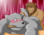  2008 anthro barazoku black_nose blush bodily_fluids brown_body brown_fur butt canid canine canis crying domestic_dog duo felid fruitz fur grey_body grey_fur kemono lion male male/male mammal pantherine tears 