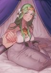  2girls barefoot bed blush breasts byleth_(fire_emblem) byleth_(fire_emblem)_(female) detached_sleeves dress fire_emblem fire_emblem:_three_houses flower green_eyes green_hair hair_flower hair_ornament headpiece highres holding_hands ikarin large_breasts long_hair long_sleeves multiple_girls on_bed parted_lips pov rhea_(fire_emblem) sitting solo_focus white_dress white_flower 