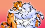  2008 anthro blue_body blue_fur carrying duo felid fur kemono male male/male mammal muscular muscular_male nipples orange_body orange_fur pantherine tiger unknown_artist white_body white_fur 